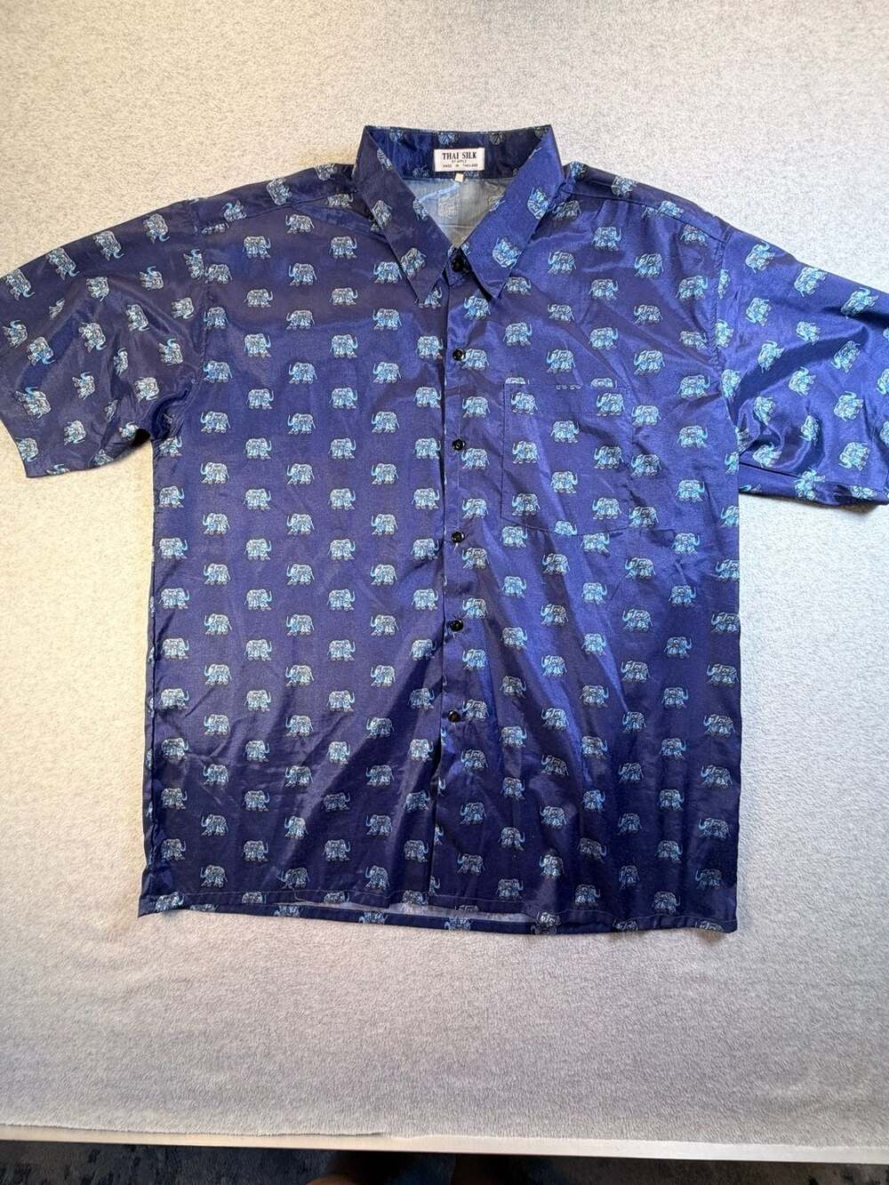 Thai Silk By Apple Short Sleeve Shirt Size XXL Blue Elephant Print